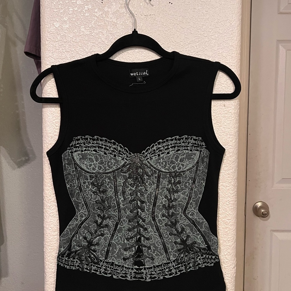 Wet Seal Black and Gray Corset Graphic Tank Top